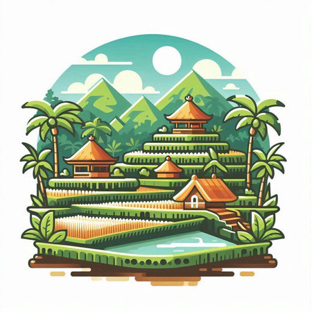 Vector illustration of a tropical island with palm trees and bungalowsのイラスト素材