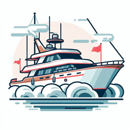 Vector illustration of a yacht on the background of the sea. Flat style.のイラスト素材