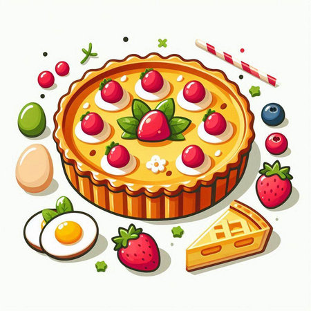 Illustration of a pie with berries and eggs on a white backgroundのイラスト素材