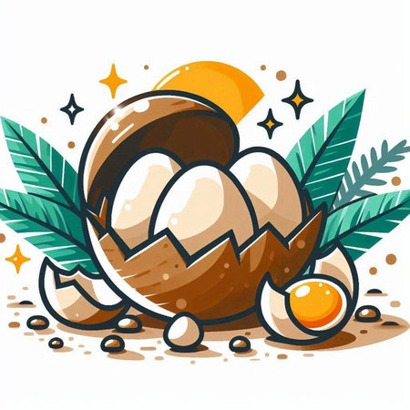 Coconut shell with egg yolk. Vector illustration isolated on white background.のイラスト素材