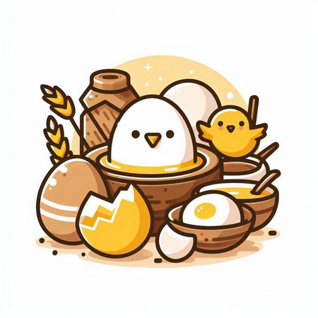 Eggs and chicken in the nest. Hand drawn vector illustration.のイラスト素材