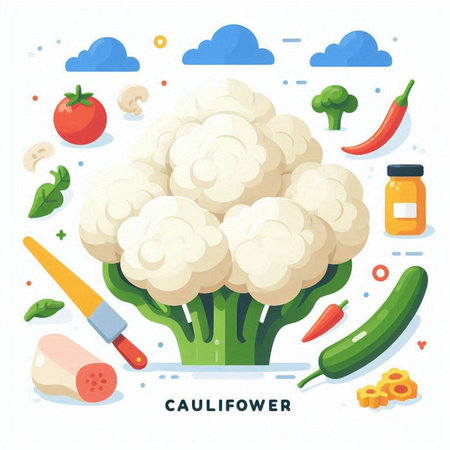 Cauliflower and vegetables. Vector illustration in flat cartoon style.のイラスト素材
