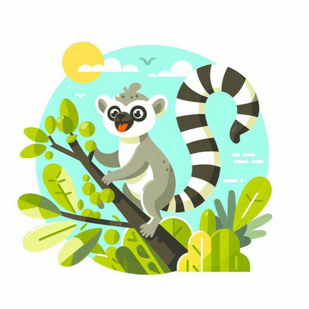 Cute cartoon lemur sitting on a tree branch. Vector illustrationのイラスト素材