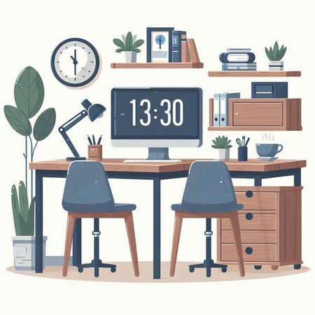 Vector illustration of a workplace in the office. Workplace with a computer, table, chair, bookshelf and clock.のイラスト素材