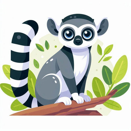 Cute cartoon lemur sitting on a branch. Vector illustration.のイラスト素材