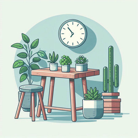 Illustration of a table with plants and a clock in the backgroundのイラスト素材