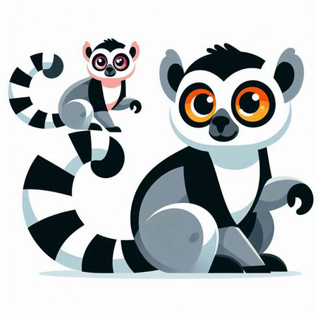 Two cute lemurs sitting on a white background. Vector illustration.のイラスト素材