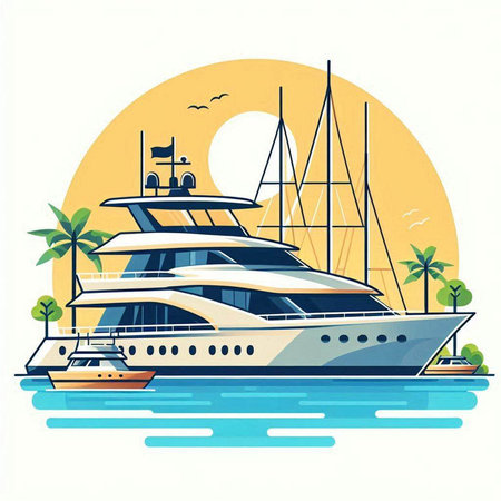 Yacht on the background of the sea and palm trees. Vector illustrationのイラスト素材