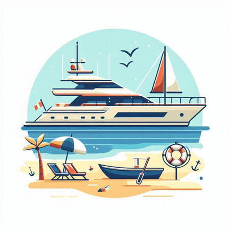 Yacht on the beach. Vector illustration in flat cartoon style.のイラスト素材