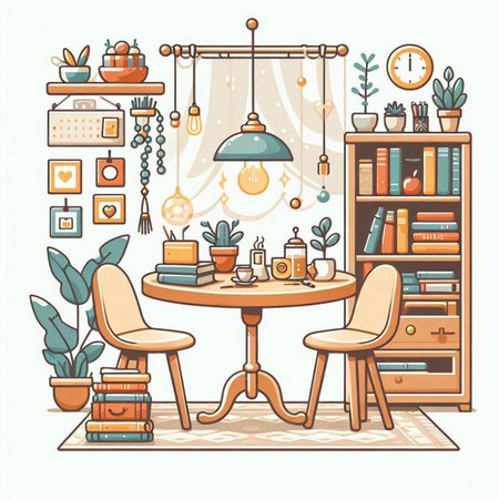 Interior of a cozy living room with furniture. Vector illustration.のイラスト素材