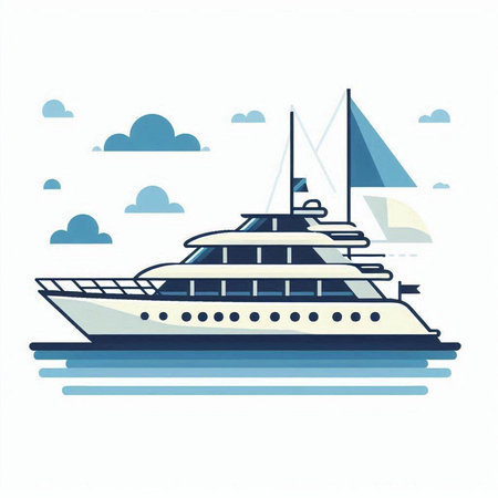 Vector illustration of a yacht in the sea with clouds on the backgroundのイラスト素材