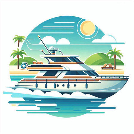 Yacht on the beach with palm trees. Vector illustration in flat style.のイラスト素材