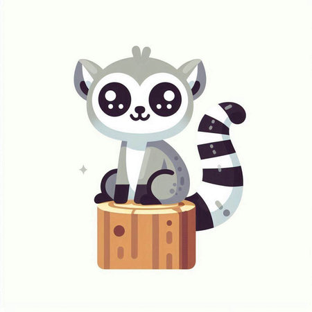 Cute cartoon lemur sitting on a wooden box. Vector illustration.のイラスト素材