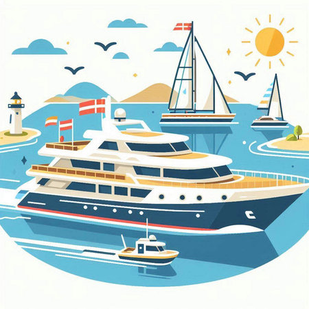 Yachts and ships on the seashore. Vector illustrationのイラスト素材