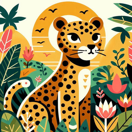 Cute hand drawn vector illustration of leopard with tropical flowers.のイラスト素材