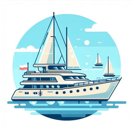 Yacht in the sea. Vector illustration in flat cartoon style.のイラスト素材