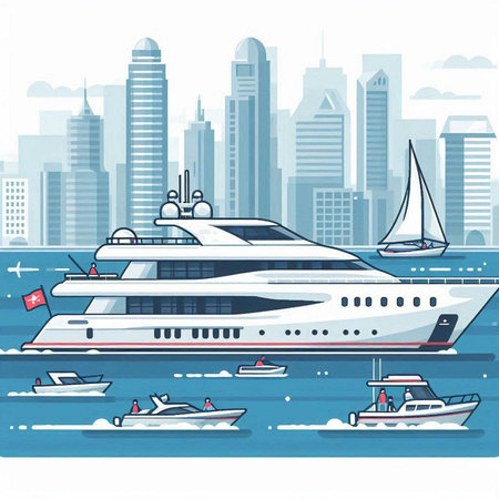 Vector illustration of a yacht on the background of the modern city.のイラスト素材