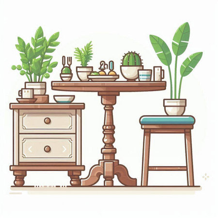 Illustration of a living room with furniture and plants. Vector illustration.のイラスト素材