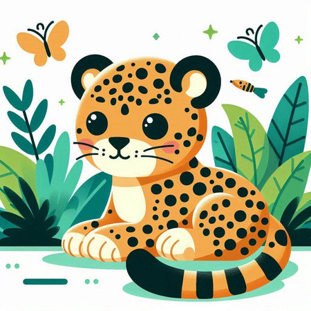 Cute cartoon leopard on the background of the jungle. Vector illustrationのイラスト素材