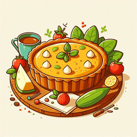 Illustration of a pie with strawberries, lemon, mint and coffeeのイラスト素材