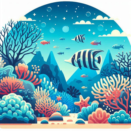 Underwater scene with coral reef, fish and starfish. Vector illustration.のイラスト素材