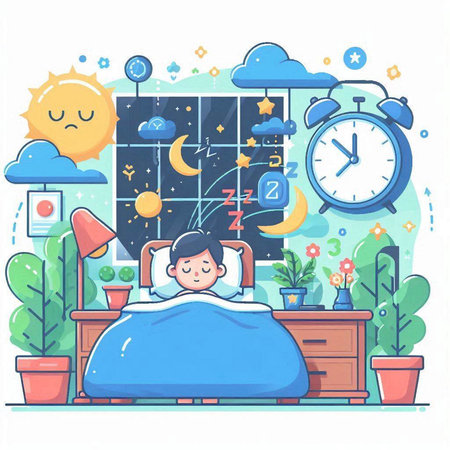 Illustration of a boy waking up in the morning. Vector illustrationのイラスト素材