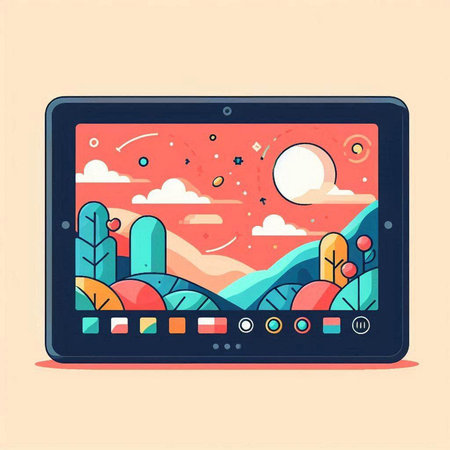 Landscape on a tablet computer. Vector illustration in cartoon style.のイラスト素材