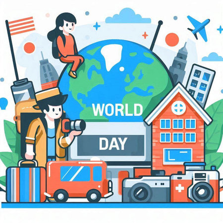 World Day. Vector illustration of World Day. People traveling around the world.のイラスト素材