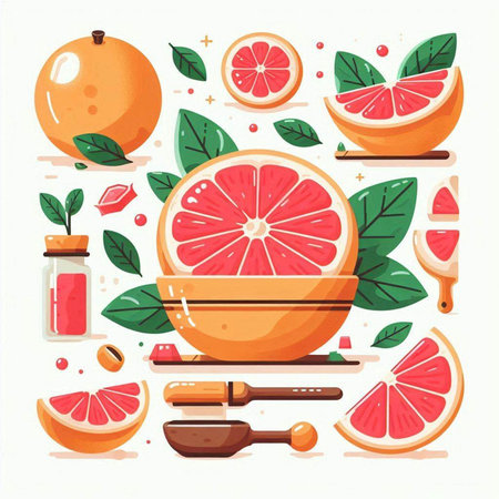 Grapefruit, orange, lemon, pomegranate, grapefruit, grapefruit, lime, lemonade, smoothie. Vector illustration.のイラスト素材