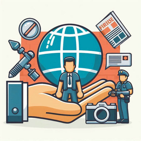 Cartoon vector illustration of human hand holding globe with different icons.のイラスト素材
