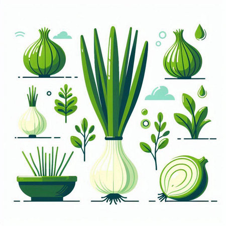 Set of vegetables. Onion, garlic, onion, parsley, green onion, leek, vector illustrationのイラスト素材