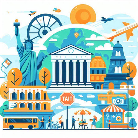 Traveling around the world concept with famous landmarks. Vector illustration.のイラスト素材