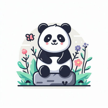Cute panda sitting on the flower bed. Vector illustration.のイラスト素材