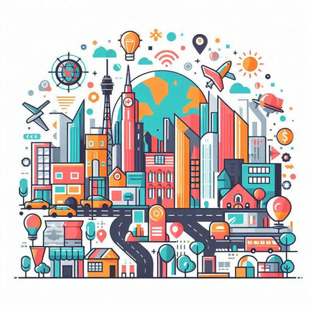 Vector illustration of city with buildings, roads and transport on white backgroundのイラスト素材