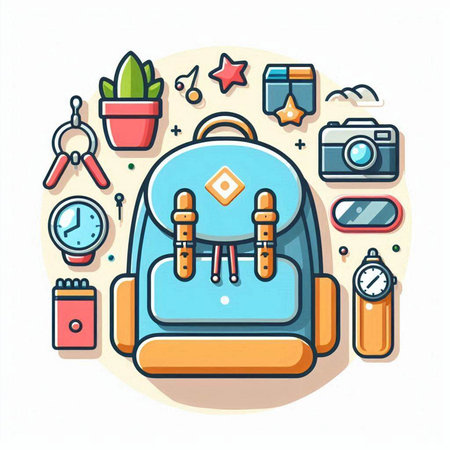 Vector illustration of backpack, camera, glasses and other things on white background.のイラスト素材