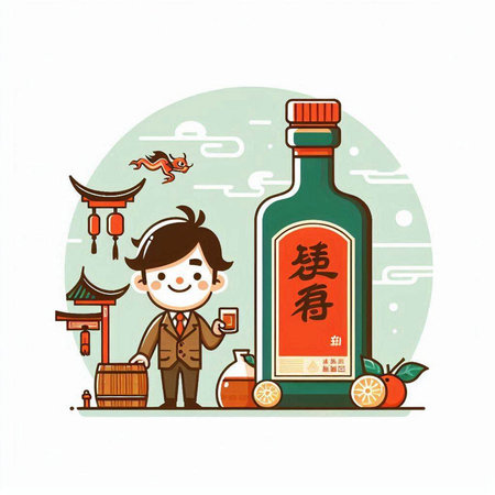 Chinese New Year greeting card with cartoon man and bottle of wine.のイラスト素材