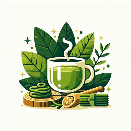 Cup of tea with green leaves and gold coins. Vector illustration.のイラスト素材