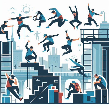 Vector illustration of a group of people jumping over the stairs in the city.のイラスト素材