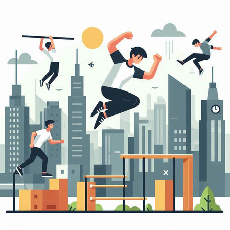Vector illustration of young people jumping over obstacles in city. Flat style design.のイラスト素材