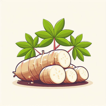 Illustration of yam with leaves on a white background, vectorのイラスト素材