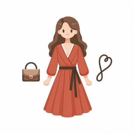 Vector illustration of a young woman in a long red dress with a bagのイラスト素材