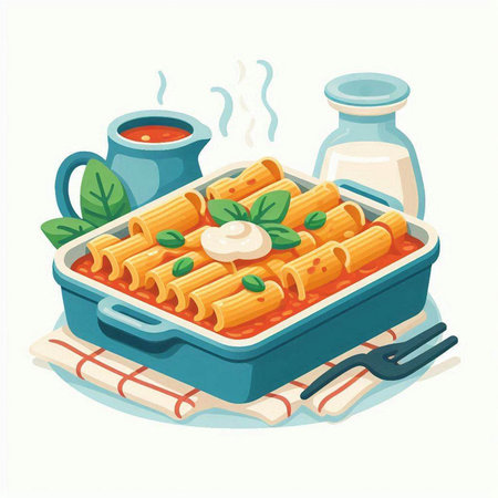 Illustration of a Casserole with Pasta and Tomato Sauceのイラスト素材