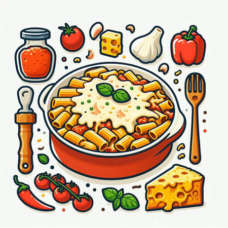 Italian pasta with tomato sauce, cheese and basil. Hand drawn vector illustration.のイラスト素材