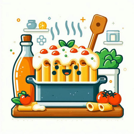 Cake in the kitchen with ingredients for cooking. Vector illustration.のイラスト素材