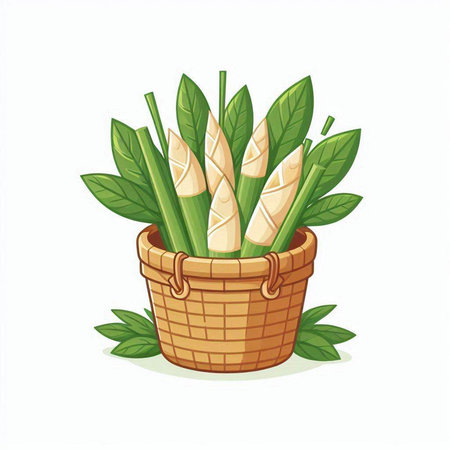 Bamboo shoots in a basket isolated on white background. Vector illustration.のイラスト素材