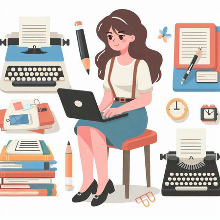 Vector illustration of a female writer sitting at her desk with a laptop, books and other itemsのイラスト素材