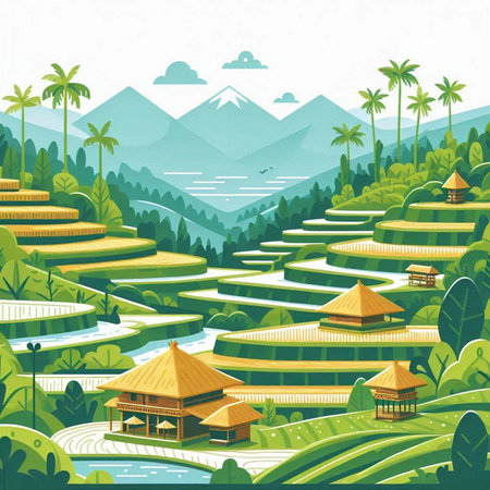 Rice terraces and mountains in the background, vector illustration.のイラスト素材