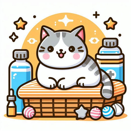 Cute cartoon cat sitting on the wooden basket. Vector illustration.のイラスト素材