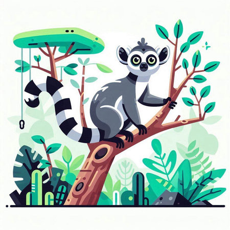 Lemur vector illustration. Cute cartoon lemur on the tree.のイラスト素材