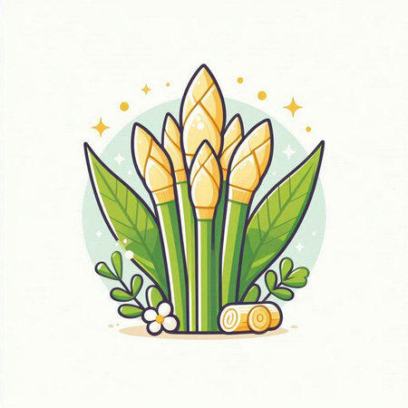 Bamboo stems with leaves and flowers. Hand drawn vector illustration.のイラスト素材